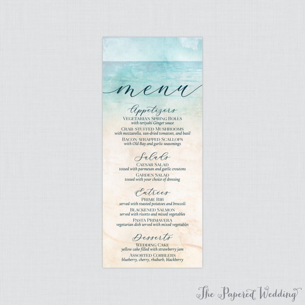 Printable Or Printed Beach Wedding Menu Cards - Watercolor Themed Summer Ocean Sand Sea Personalized 0035
