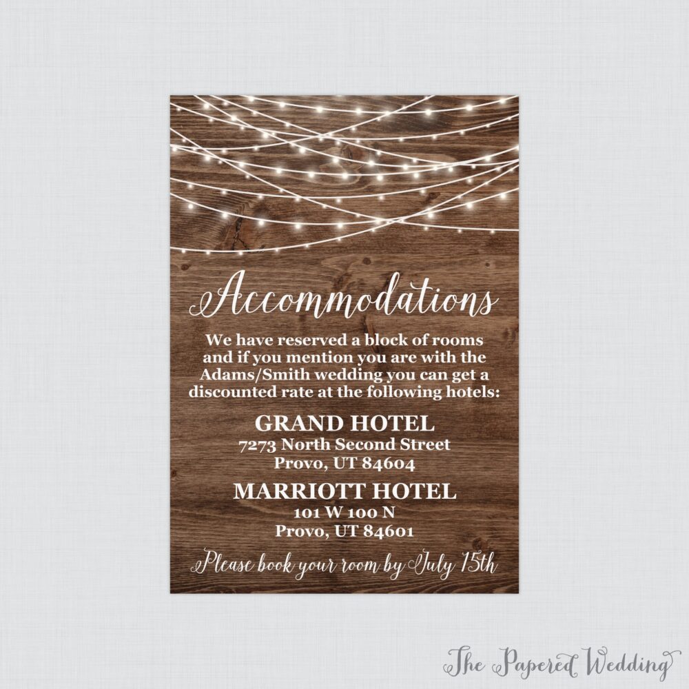 Printable Or Printed Rustic Wedding Accommodations Cards - Wood & String Lights Accommodation Inserts, Country Barn Hotel Details 0036