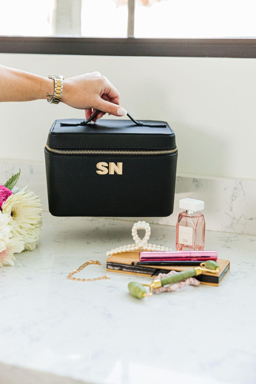 Shadow Monogram Leather Train Case // Personalized Vanity Makeup Case, Cosmetic Bag, Toiletry Custom Make Up Easter Gifts