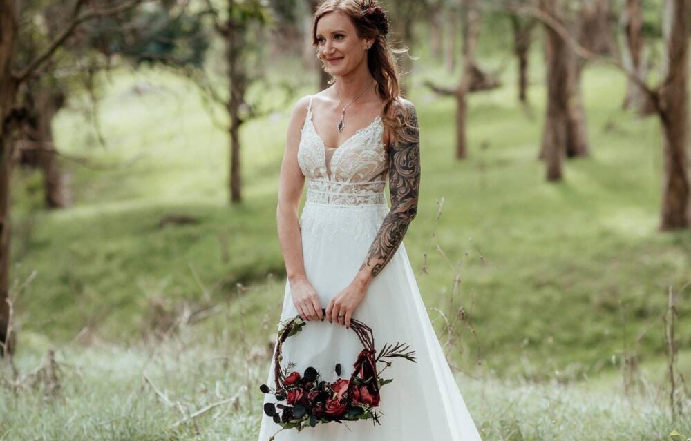 Boho Floral Hoop Bouquet, Burgundy Green Bridal, Alternative Wedding Rustic Woodland Flowers