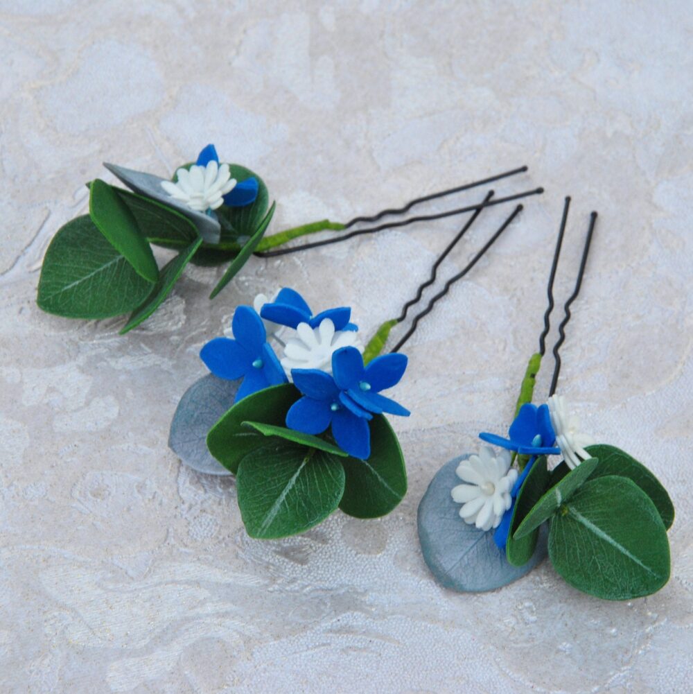 Blue Flower Hair Pins Wedding Eucalyptus, Babys Breath, Hydrangea Piece Bridal