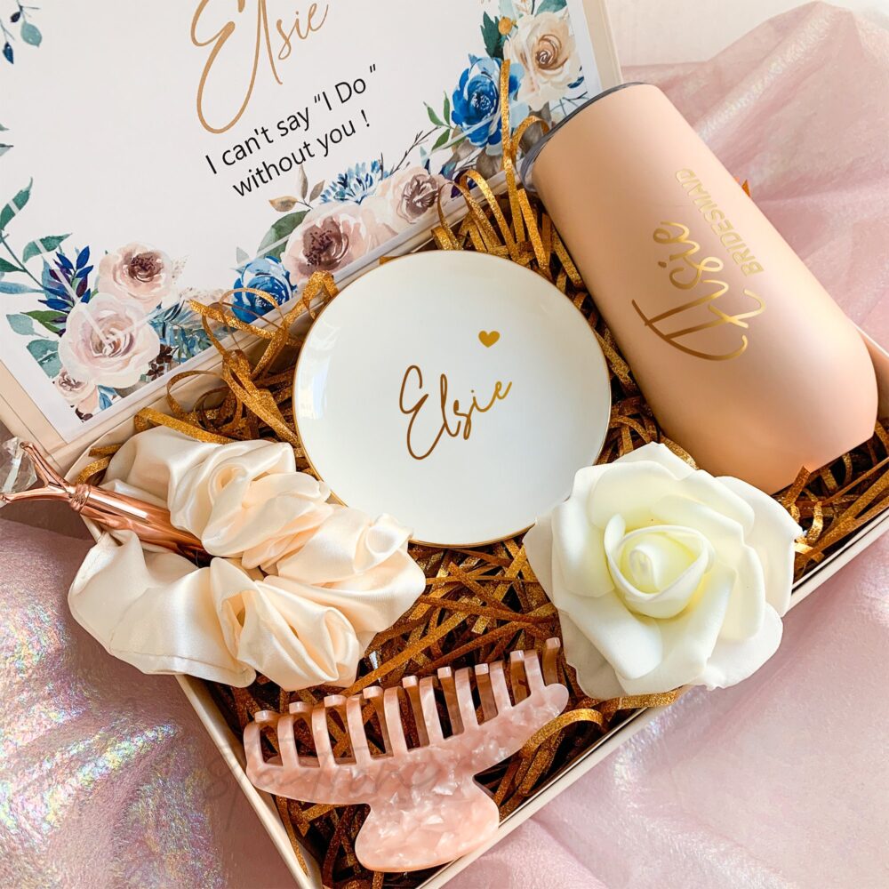 Blue Floral Wedding Bridesmaid Gift Box, Pink Box With Tumbler, Assembled Gift, Maid Of Honor Proposal Msp2