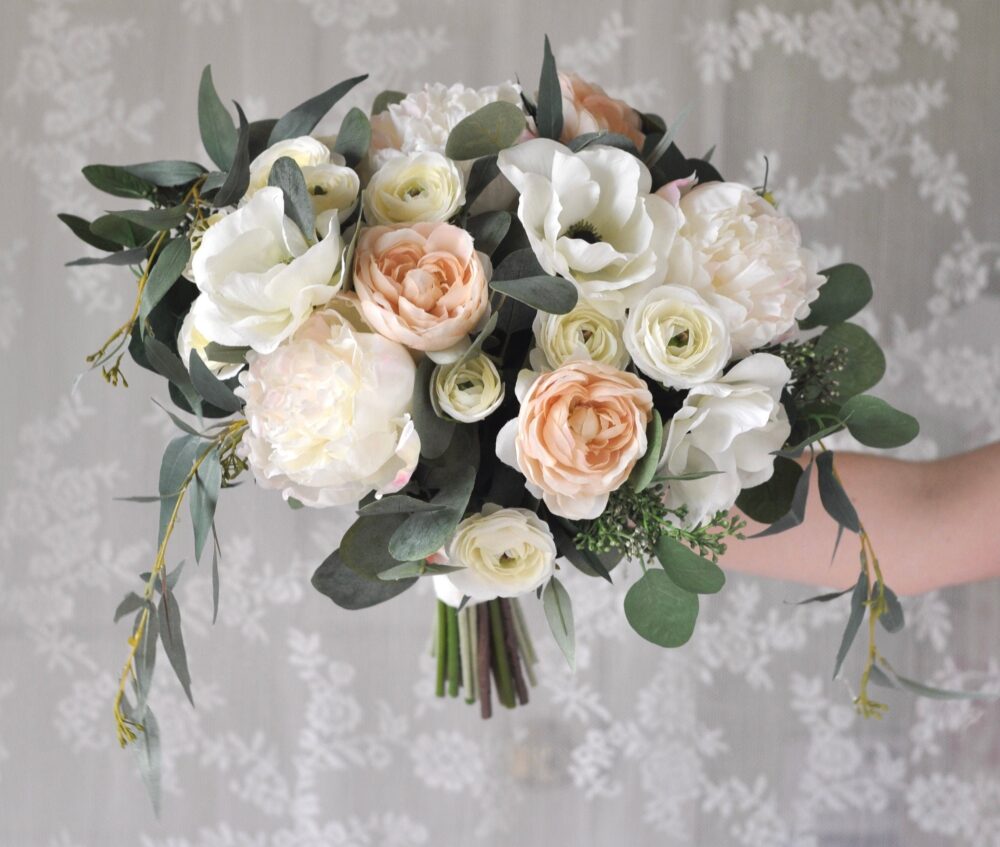 Wedding Bouquet, Bridal Blush Pink, Silk Flower Artificial Pink Flowers, Flowers, Eucalyptus