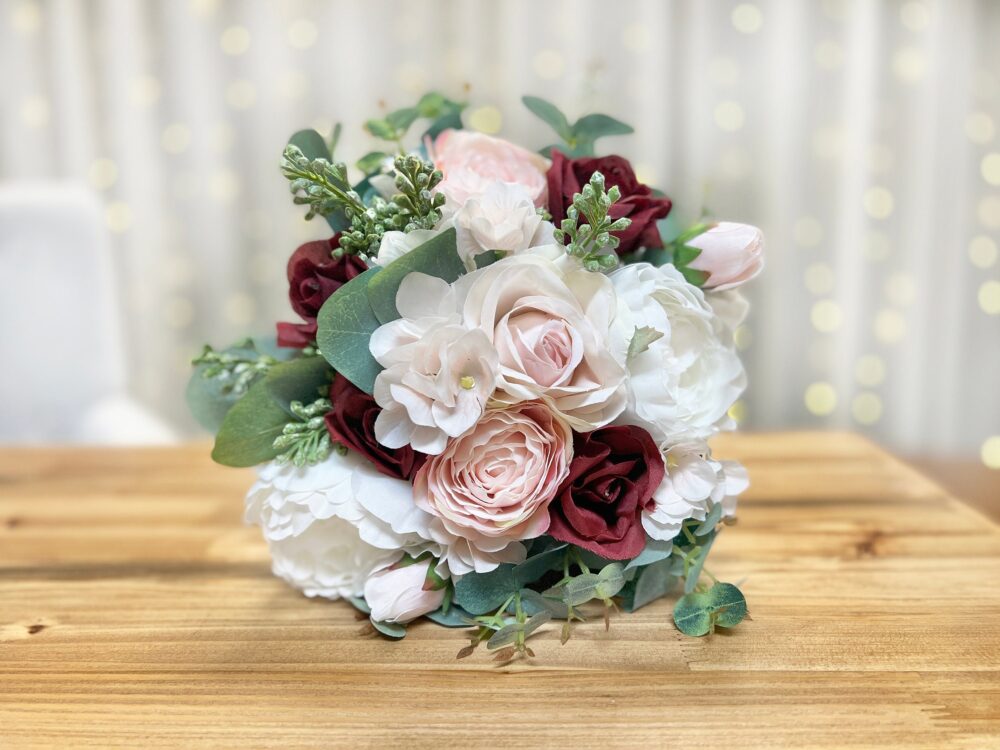 Blush Pink & Burgundy Silk Wedding Bouquet Eucalyptus Greenery