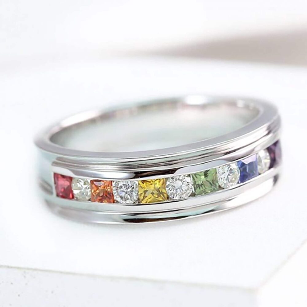 Men Sapphire Ring in 925 Sterling Silver, Multicolor Gemstone Band With Simulated Diamond Accent, Sizes 9 & 10 Us, Sku R2126-925Blk