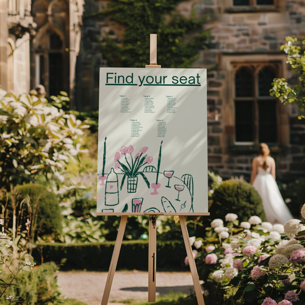 Table Seating Chart Wedding Sign | Hand-Drawn Stationery On The Day Wedding Custom Template Colorful Garden Invitation