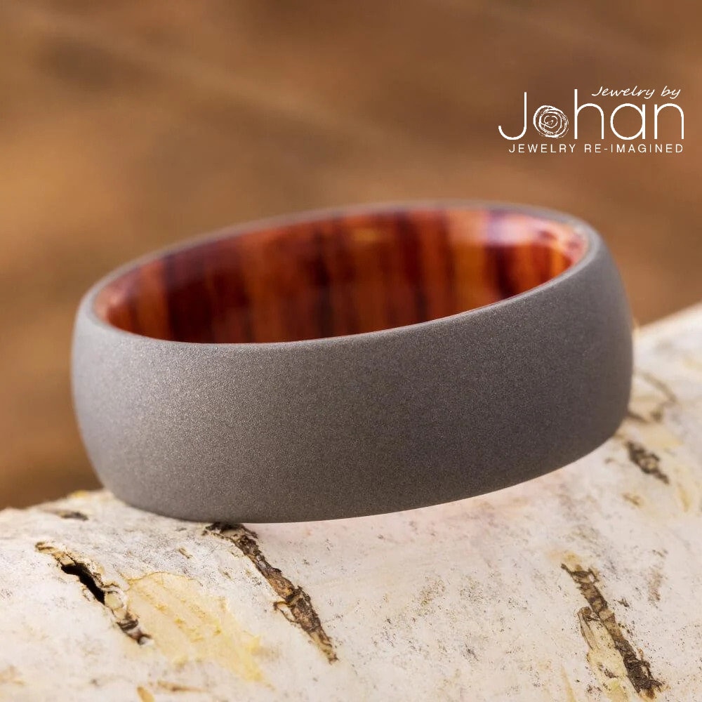 Wood Wedding Ring, Tulipwood Band With Sandblasted Titanium Finish