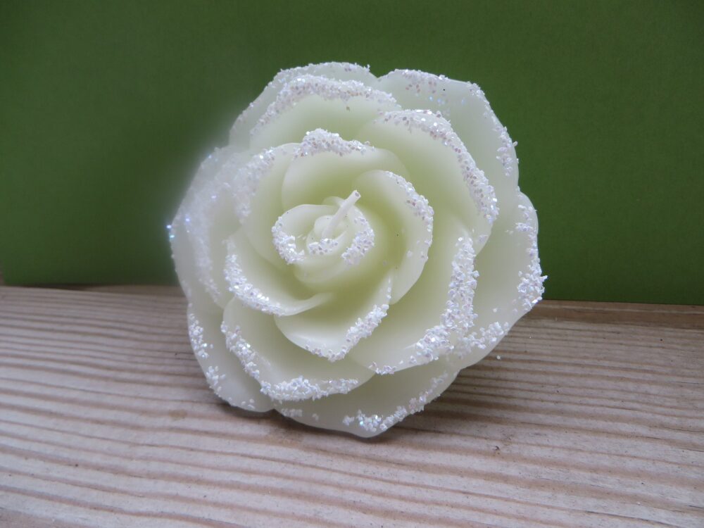 Pale Yellow Rose Floating Candle With White Glitter - 3 3/4"