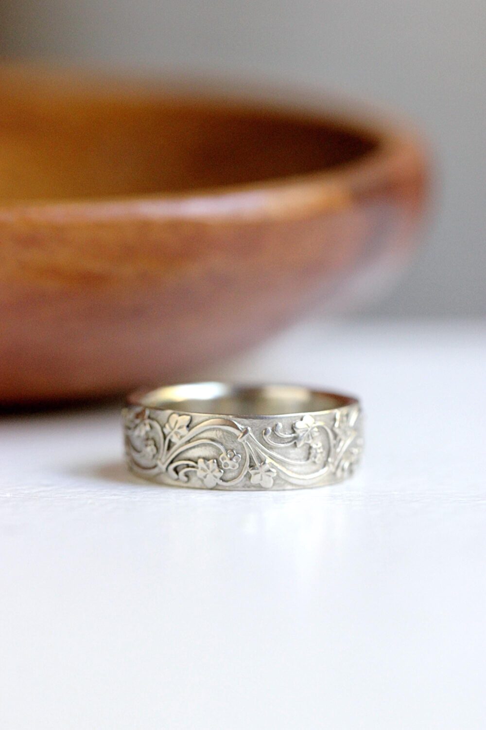Art Deco Ivy Wedding Band/Solid 14K Yellow Rose, White Gold Men's Or Women's