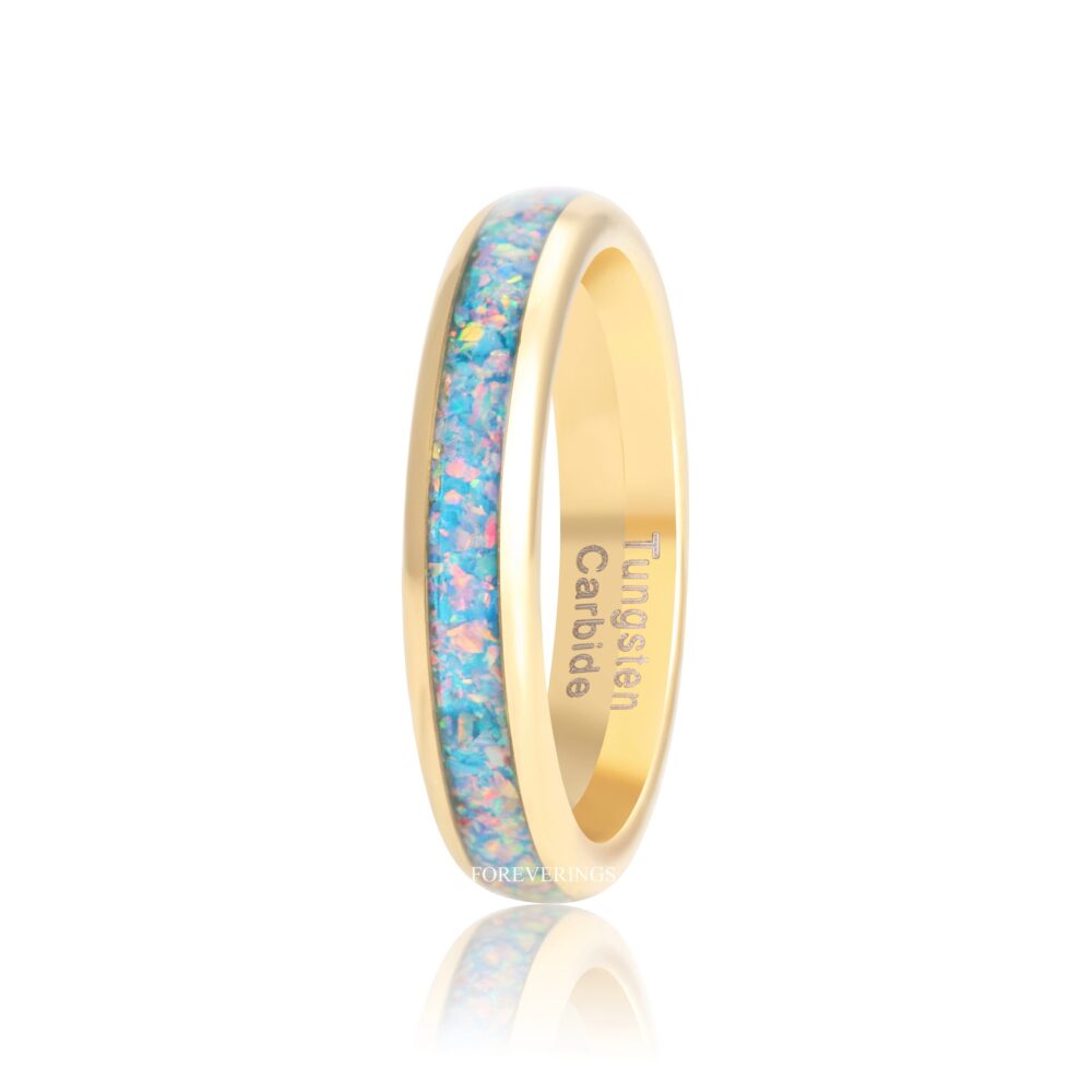 Rainbow Opal Ring, Gold Wedding Band, Blue Fire Tungsten Polish, Dome, Unique Men Women October Birthstone, Ring Engraving