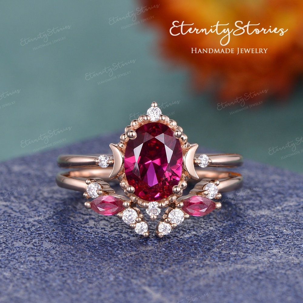 Oval Cut Ruby Engagement Ring Set Vintage Moon Rose Gold Lab Bridal Sets Milgrain Open Wedding Stacking Women Gfit