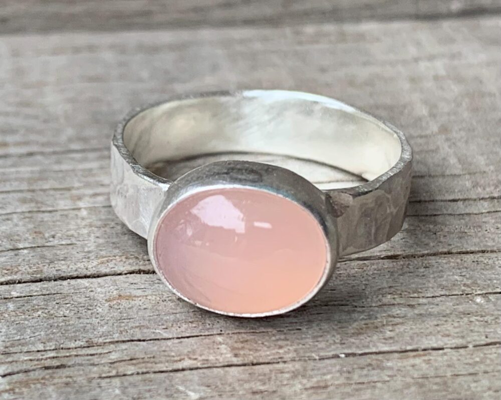 Soft Romantic Pink Oval Chalcedony Sterling Silver Hammered Band Ring | Unisex Stone
