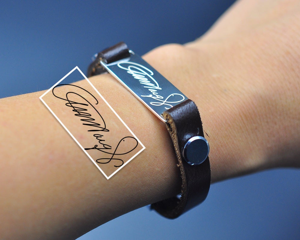 Custom Signature Bracelet, Sterling Handwriting Bar, Engraved Bracelet Bangle, Leather Personalized Men, Father Christmas Gift