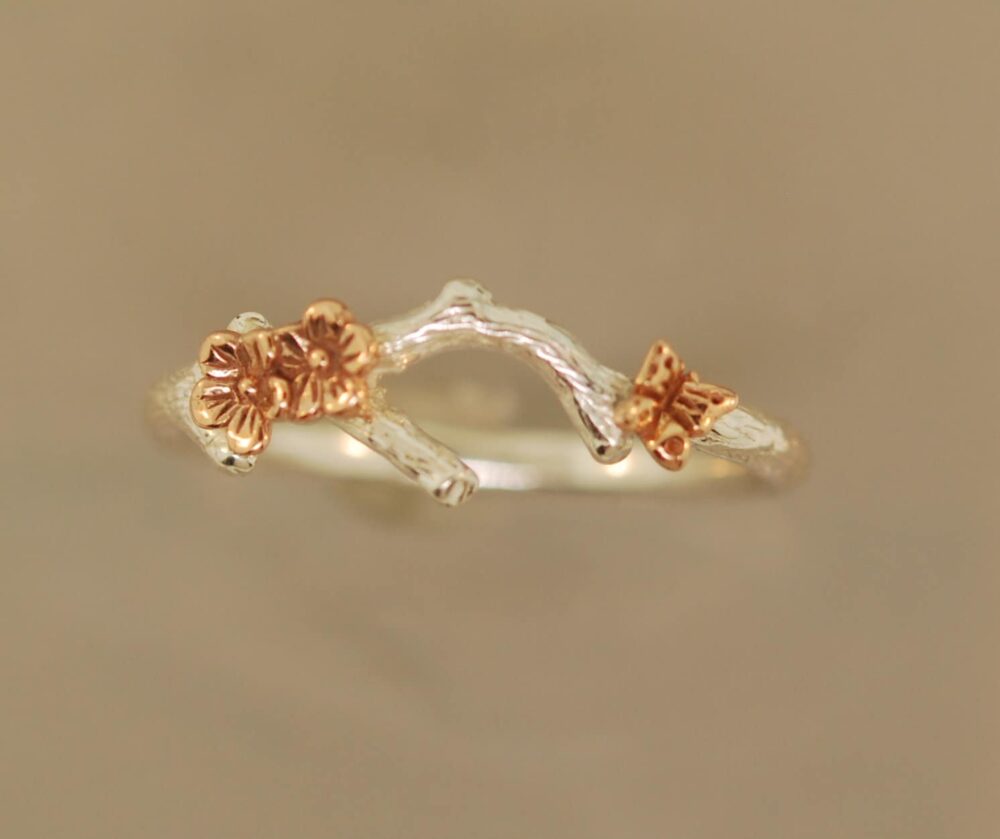 Cherry Blossom Ring Sterling Silver Branch With 14K Gold Butterfly
