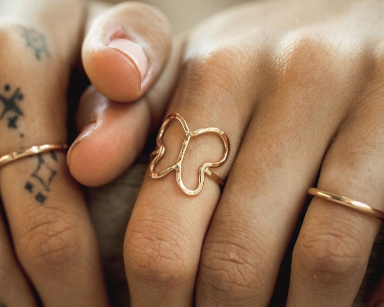 Butterfly Ring Gold Band Minimalist Insect Motif, Adjustable Sterling Silver | 14K Filled, Eco-Friendly Metals Hand Forged Detail