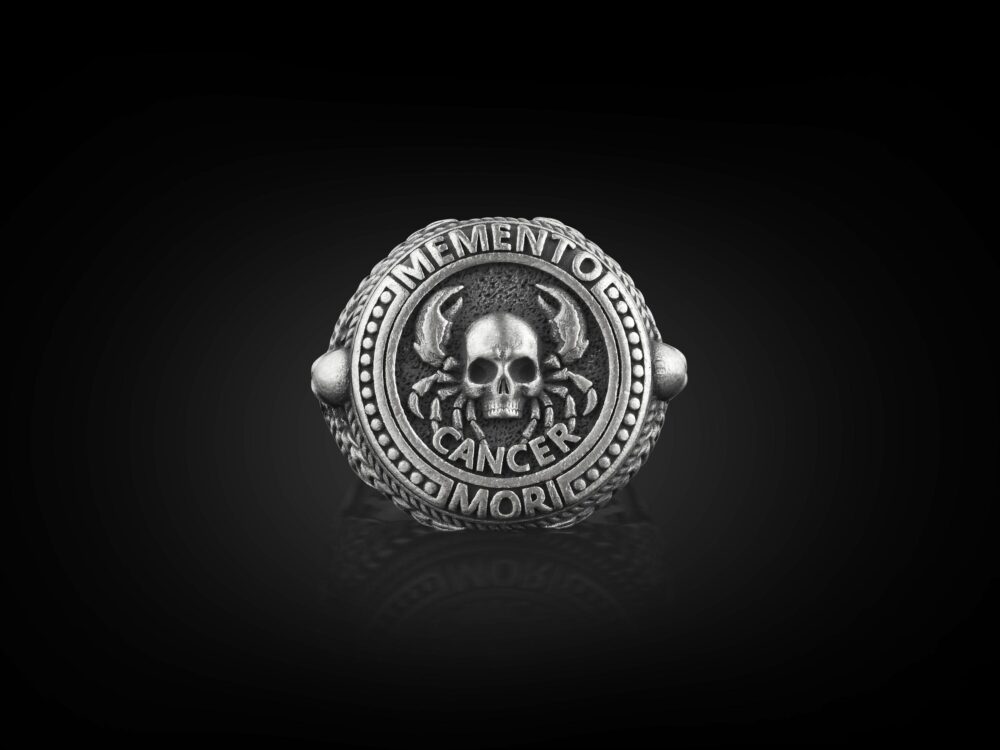 Cancer Memento Mori Zodiac Ring, Engraved Mens Signet Ring in Sterling Silver, Male Gothic For Best Friend, Cool Skull Men