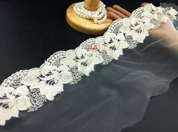 3 Yard 25cm 9.84" Wide Light Gold Mesh Embroidery Lace Trim Ribbon Fabric Ml240P815