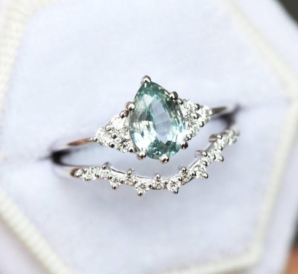 Mint Sapphire Engagement Ring, Pear Teal & Diamond Green Blue & Curved Band Set