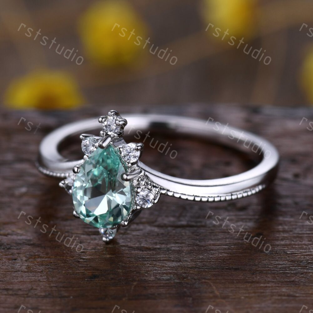 Green Sapphire Engagament Ring Set Pear Shape, Diamond Wedding Band Promise Sapphire Custom Jewelry 14K White Gold