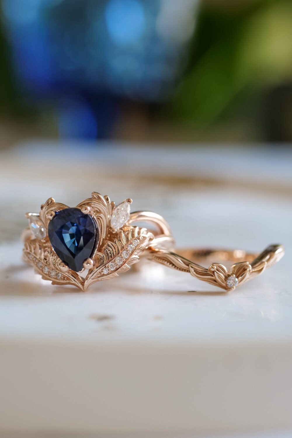 Pear Blue Sapphire Engagement Ring Set, Leafy V Wedding Band, 14K Gold