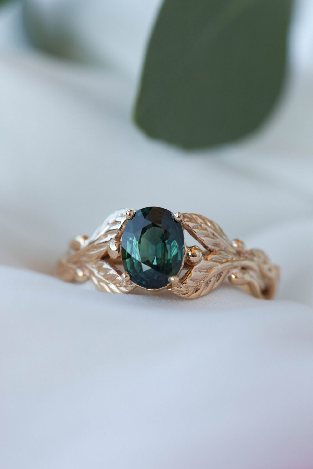 Oval Teal Sapphire Engagement Ring, Gold Leaf Nature Band