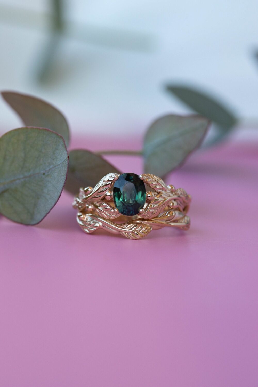 Dark Teal Sapphire Engagement Ring Set, 14K Gold Leaf Bridal Set