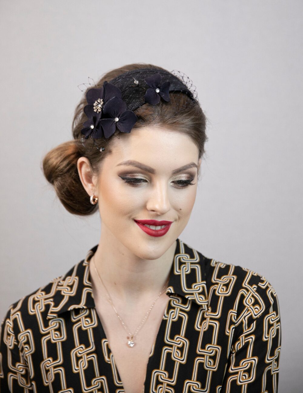 Dark Navy Blue Floral Fascinator, Wedding Occasion Hat