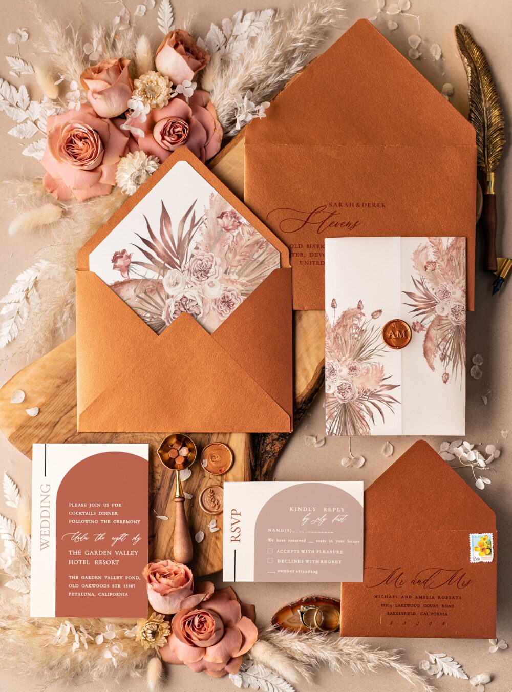 Terracotta Wedding Invitations, Luxury Vellum Invites, Elegant Invitation Suite, Fall Copper Cards, Stationary