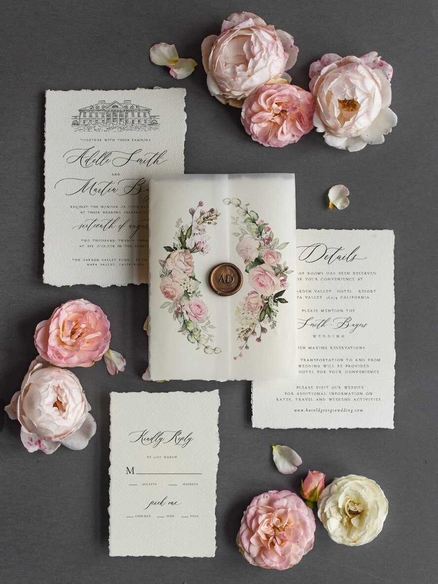 Elegant Handmade Wedding Invitations, Romantic Floral Invitation Suite, Classic Barn Invites, Chic Bespoke Stationery Suite