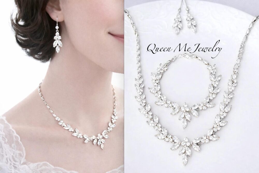 Wedding Jewelry Set For A Bride Mother Of The Bridesmaids Dainty Cz Leaf Marquise Necklace Dangle Earrings & Cuff Bracelet, Lilly
