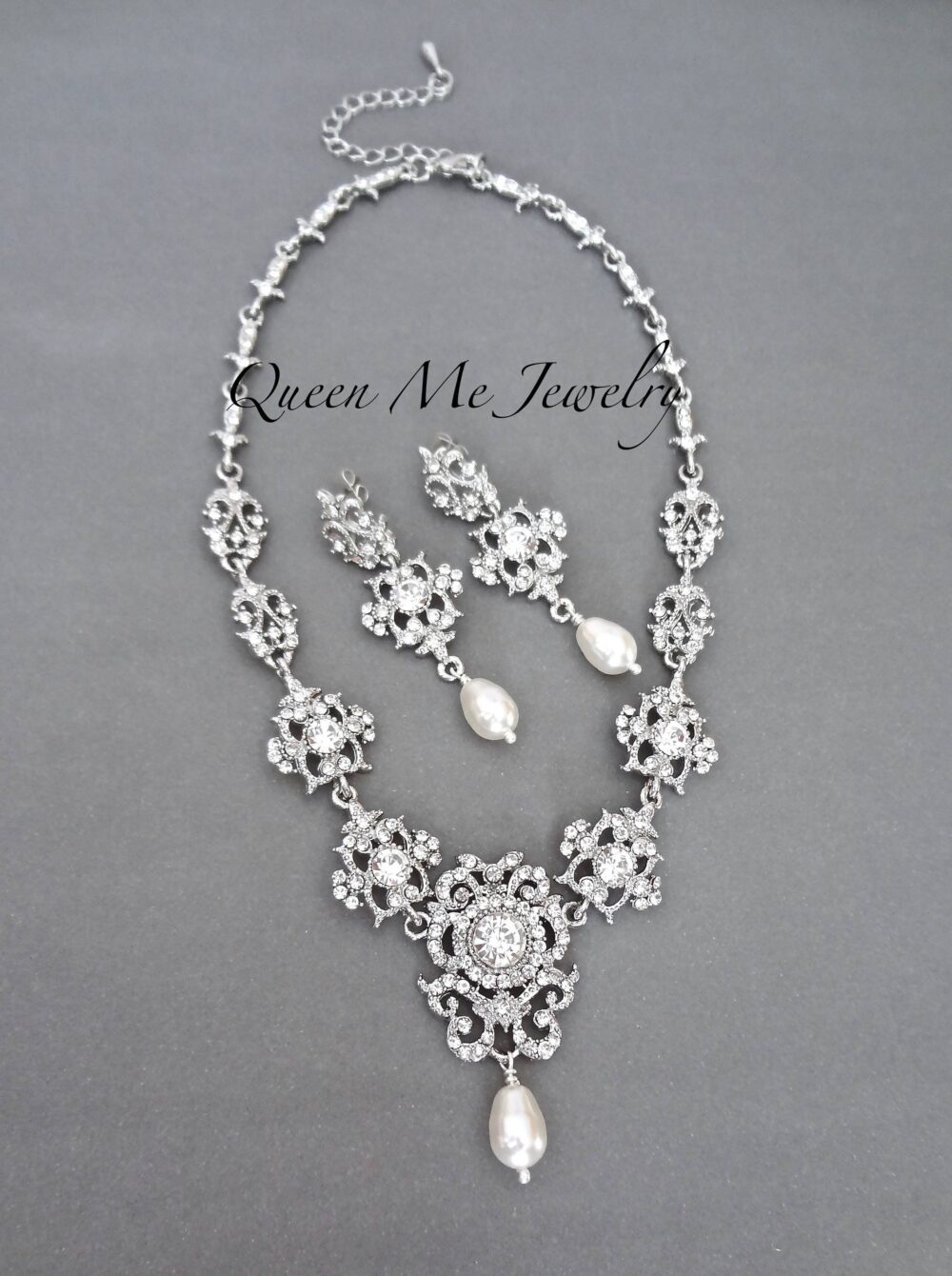 Crystal Wedding Jewelry Set For A Bride Mother Of The Bridesmaids Pearl Necklace & Earrings Bridal Gift, Mei