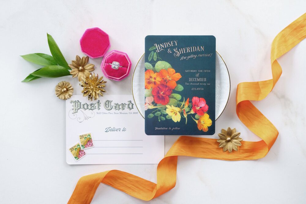 Vintage Botanical Wedding Save The Date Postcard Rose Gold Foil