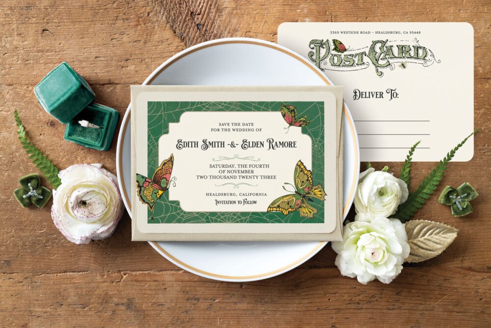 Butterfly Wedding Save The Date Postcard Vintage Botanical Art Nouveau