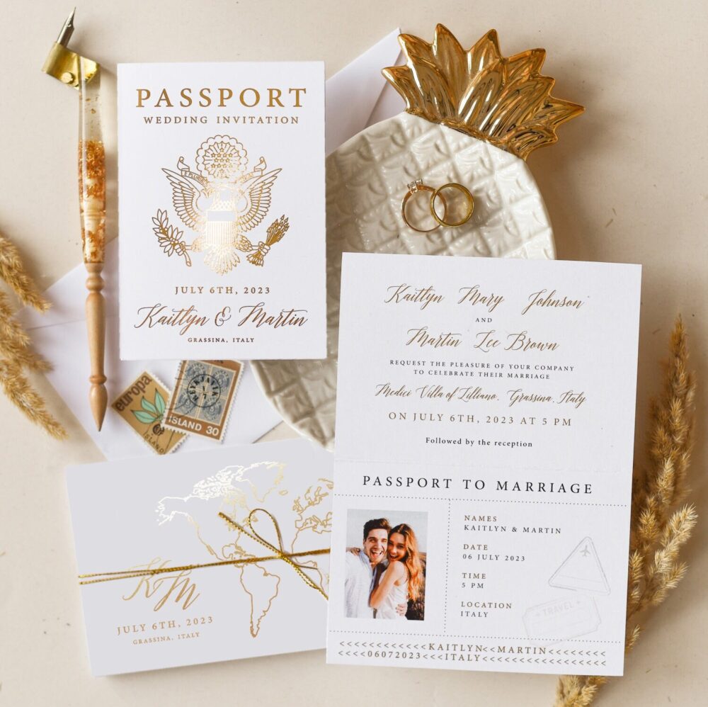 Gold Passport Wedding Invitation, Destination Greece Wedding, Golden Invite, Invites With Map Ticket Invitation