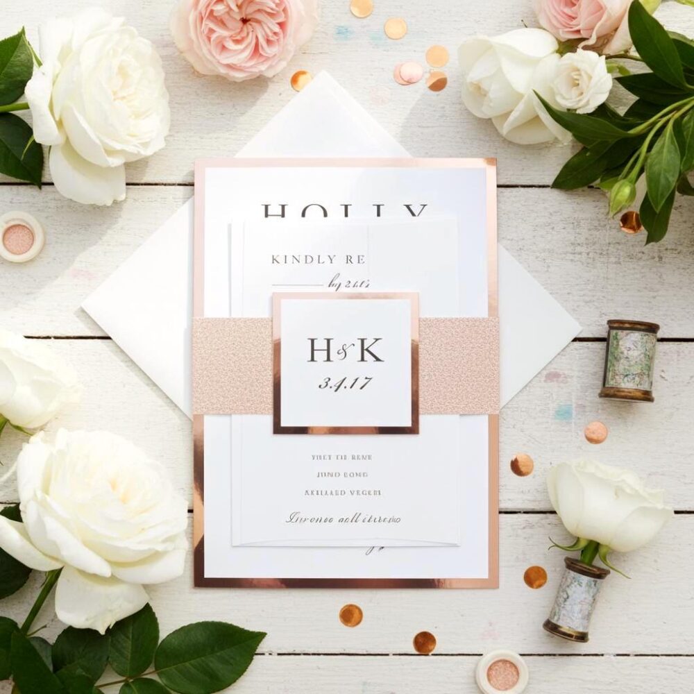 Rose Gold Glitter Wedding Invitations Blush Elegant Invite Suite Belly Band Deposit