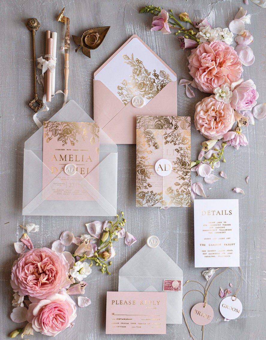 Blush Pink Gold Wedding Invitations, Luxury Elegant Invites Envelope, Golden Suite Modern Invites, Boho Glam