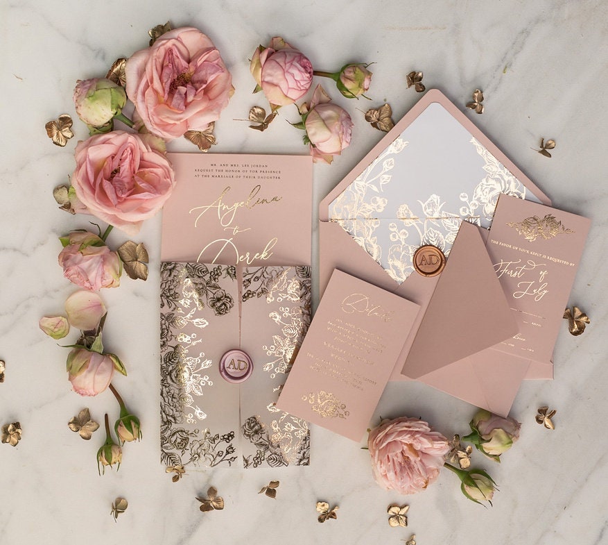 Luxury Pink Gold Floral Wedding Invitations, Elegant Invitation Suite, Vellum Golden Cards, Blush Stationery