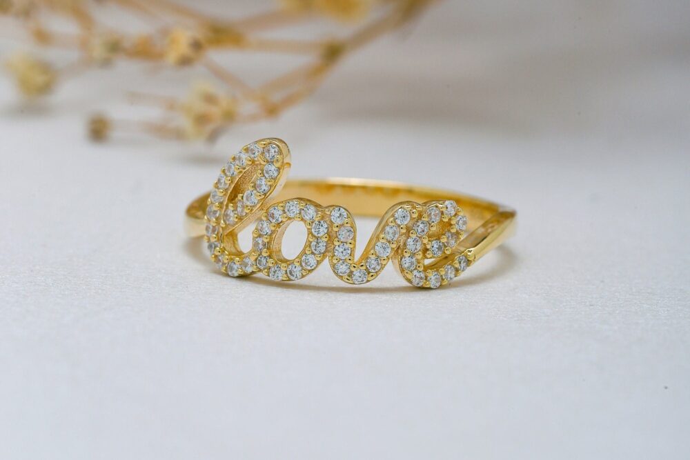 14K Solid Gold Love Ring, 925 Sterling Silver Script Zircon Stone Valentine's Day Gift, Christmas Gift
