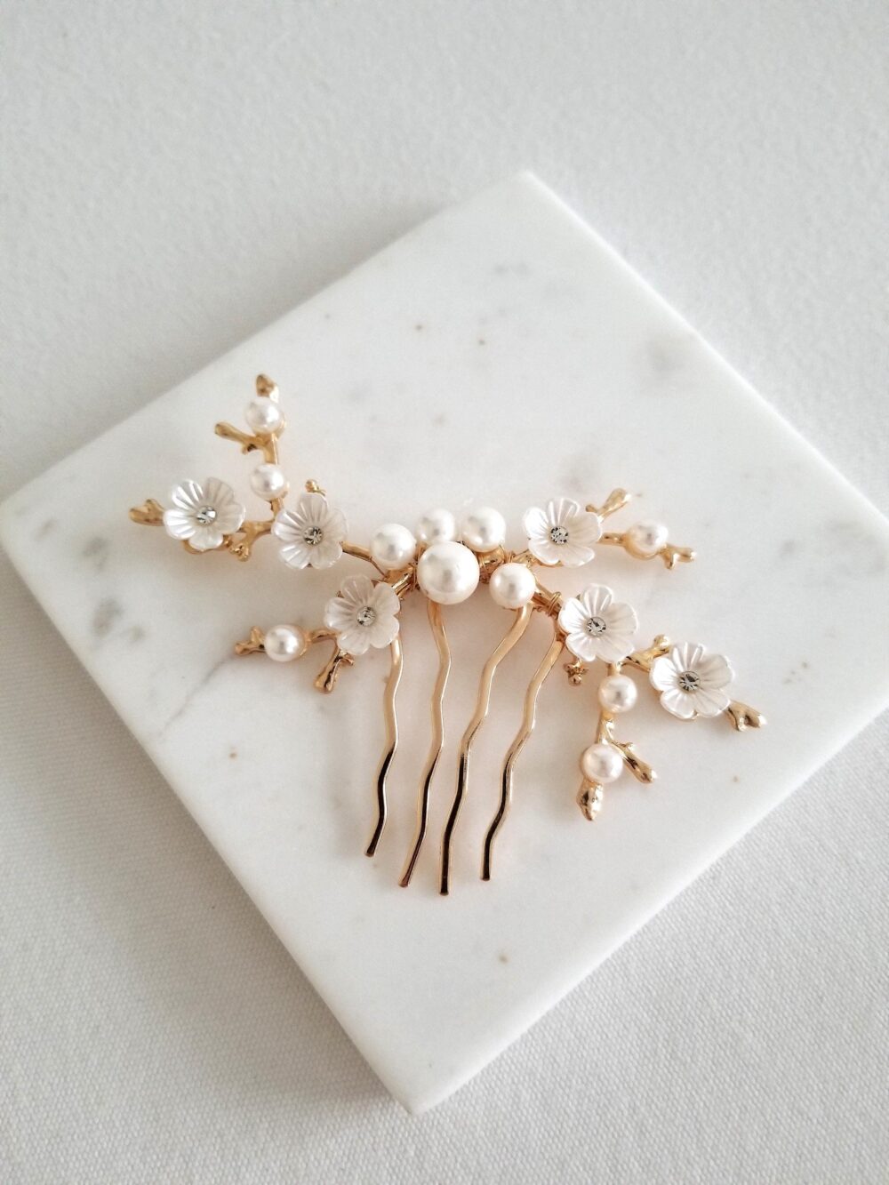 Pearl Floral Wedding Hair Comb, Small Gold Bridal Comb For Bride