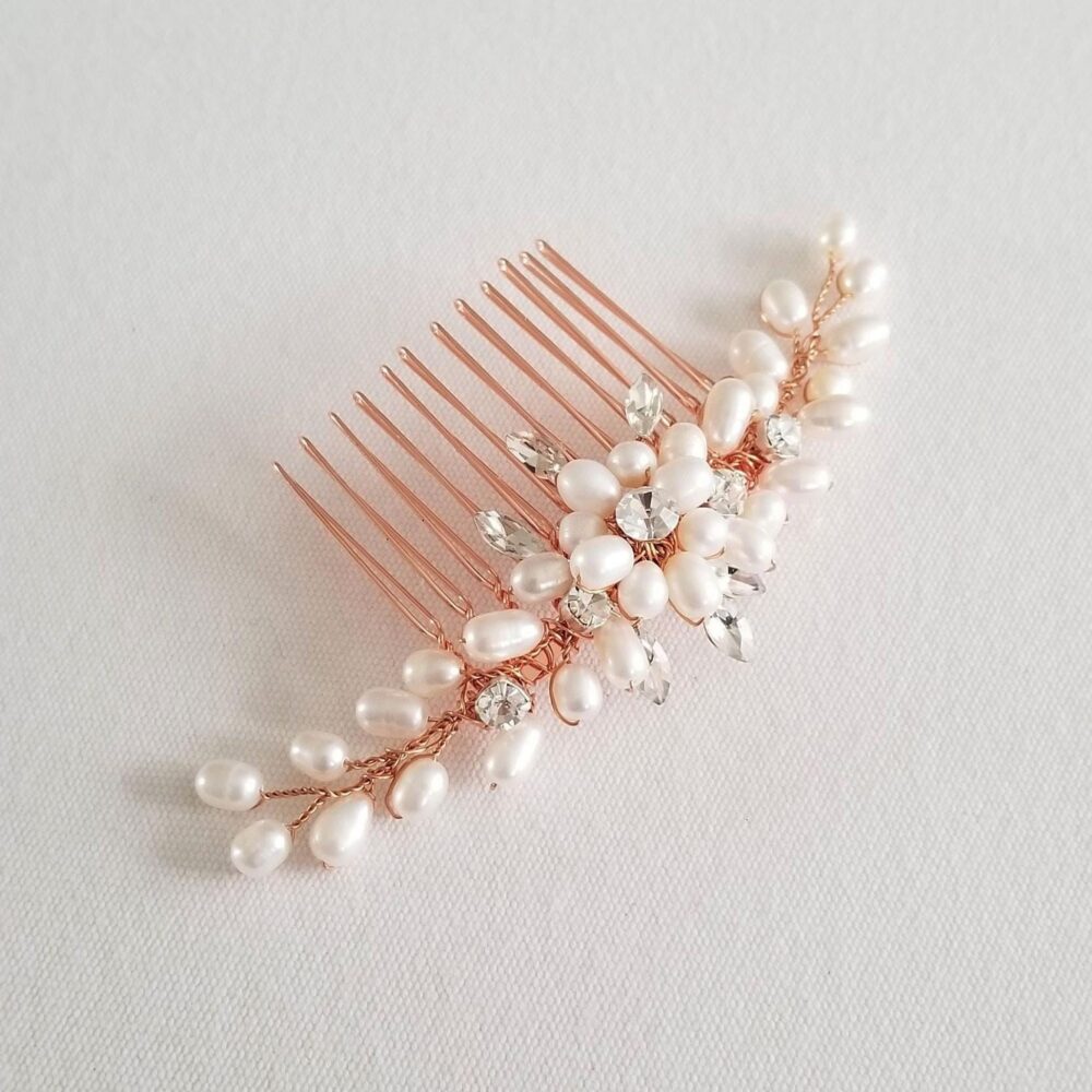 Freshwater Pearl Wedding Hair Comb, Small Crystal Bridal Rose Gold Comb For Bride