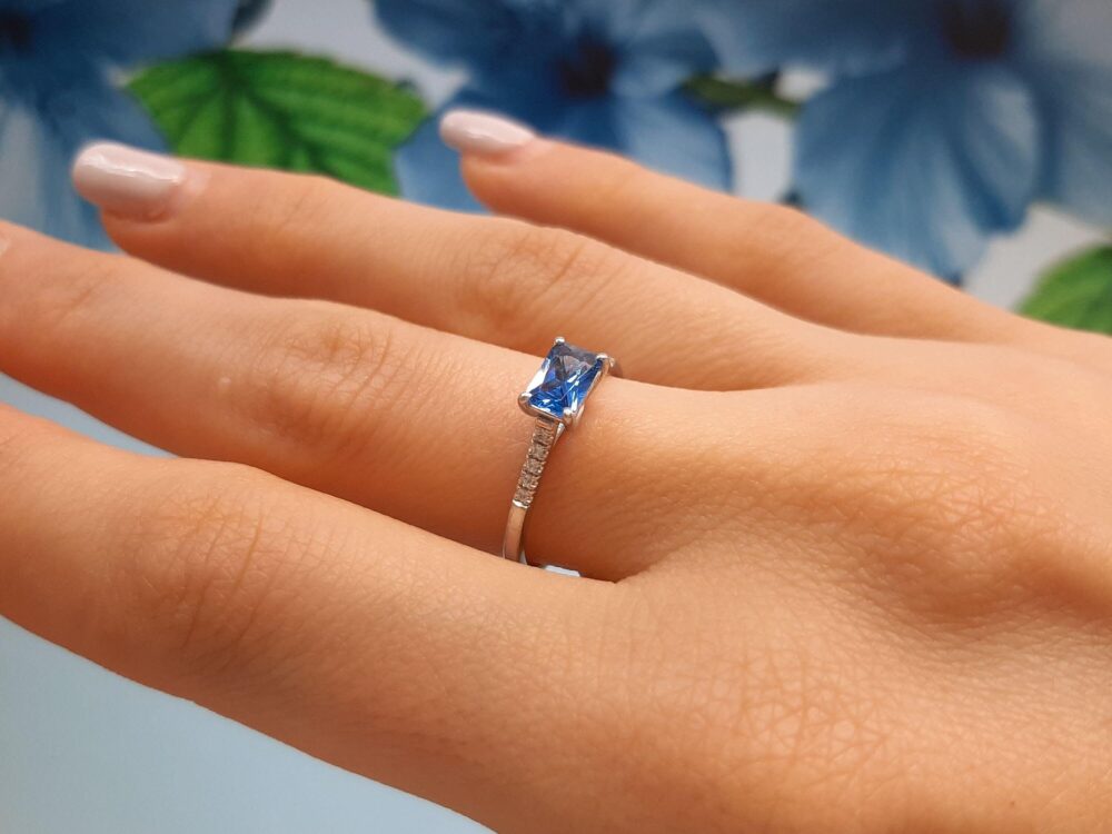 Emerald Cut 4x6 Blue Topaz Engagement Ring, Silver Simulated Diamond Anniversary Gift