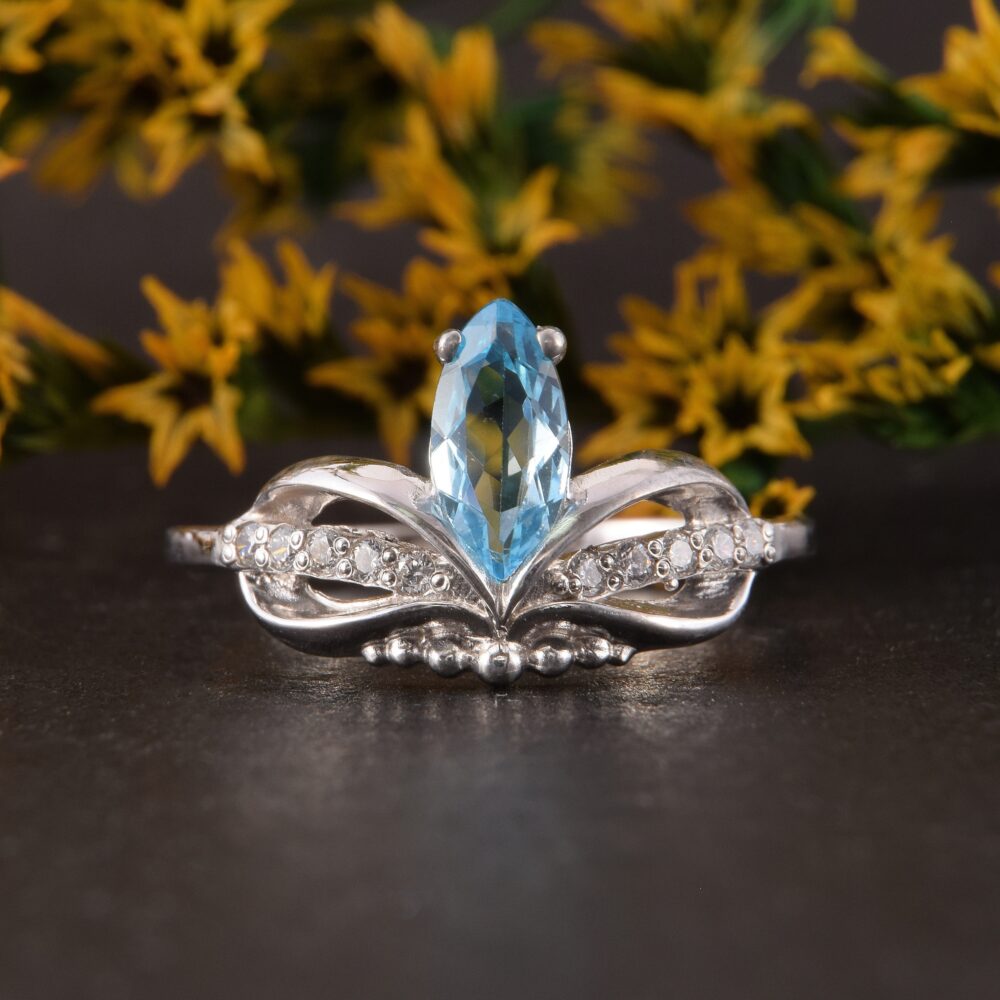 Unique Art Deco Engagement Ring, Topaz Womens Silver Marquise Blue Stone Jewelry