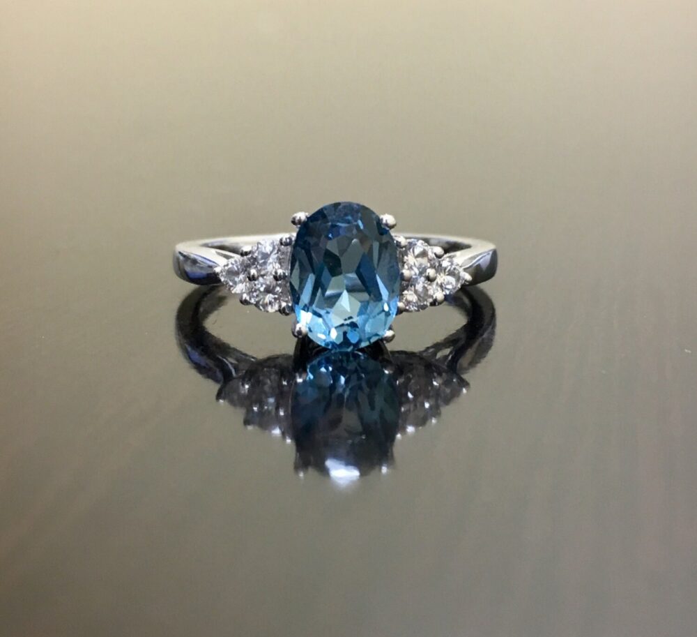 Diamond Blue Topaz Engagement Ring - Art Deco Wedding 14K White Gold
