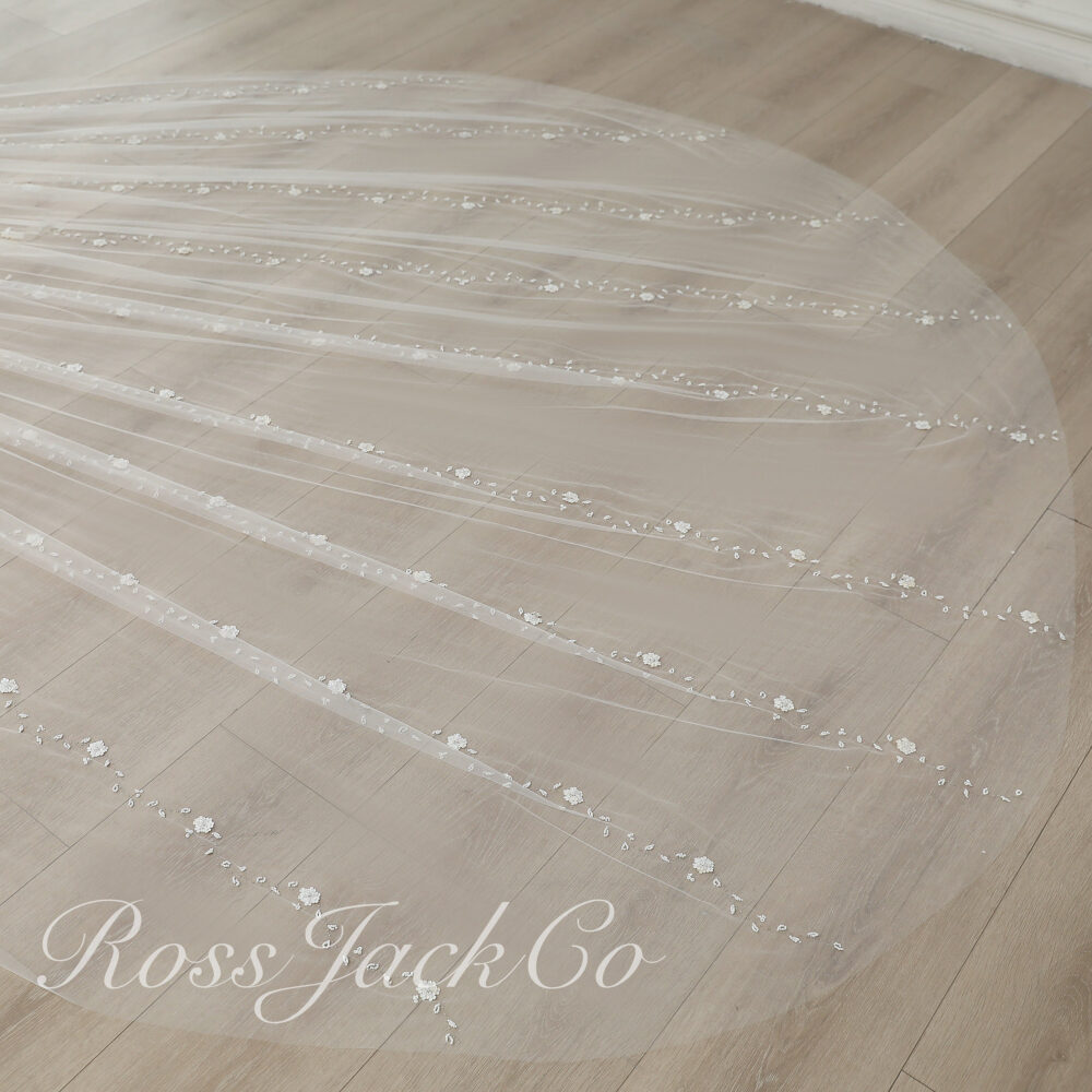 Beaded Floral Wedding Veil, Hand Sewn Flowers Lace One Tier Soft Custom Chapel/Cathedral Bridal Veil Comb