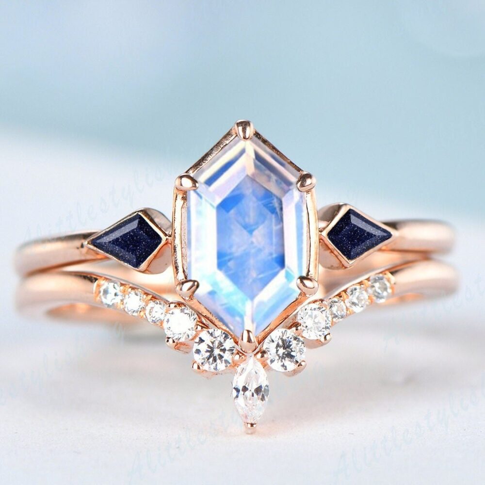 Art Deco Moonstone Engagement Ring Wedding Set Blue Sandstone Kite Cut Band Genuine Rainbow Bridal