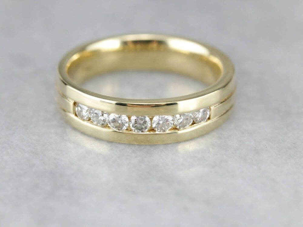 18K Green Gold Diamond Band, Men's Comfort Fit Wedding Ring