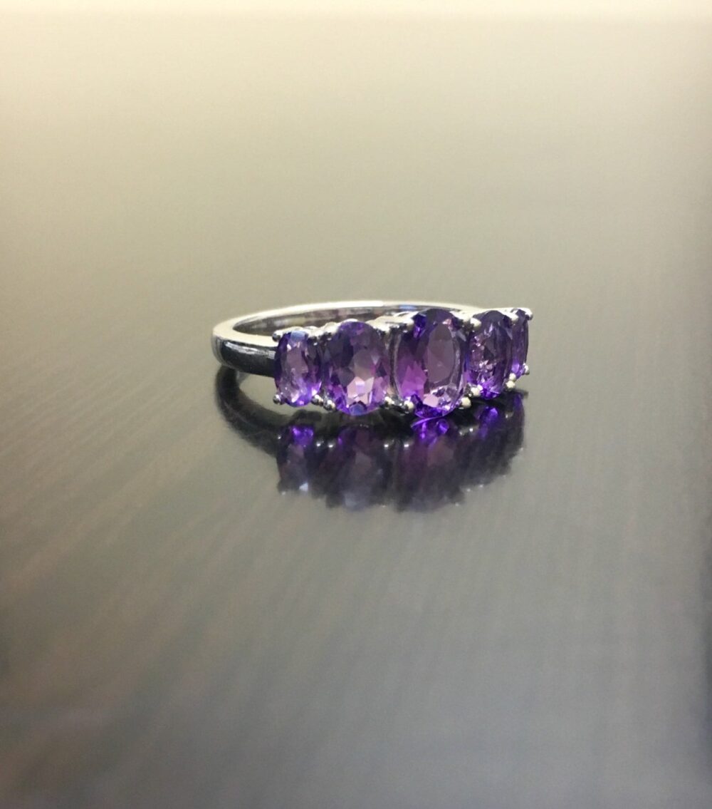 14K White Gold Amethyst Engagement Ring - Wedding Five Stone