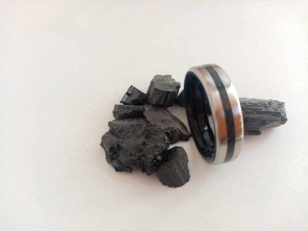 Titanium Mens Wedding Band Black Tourmaline Stone Ring, 7mm