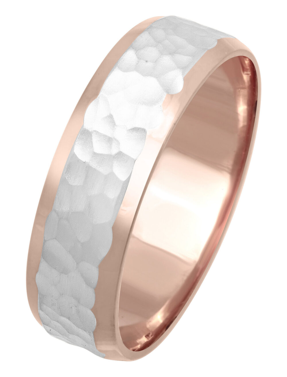 Unique 7mm Two Tone Gold Hand Hammered Design, Beveled Edges Wedding Band, White & Rose Brush Finish, 14K/18K, Platinum