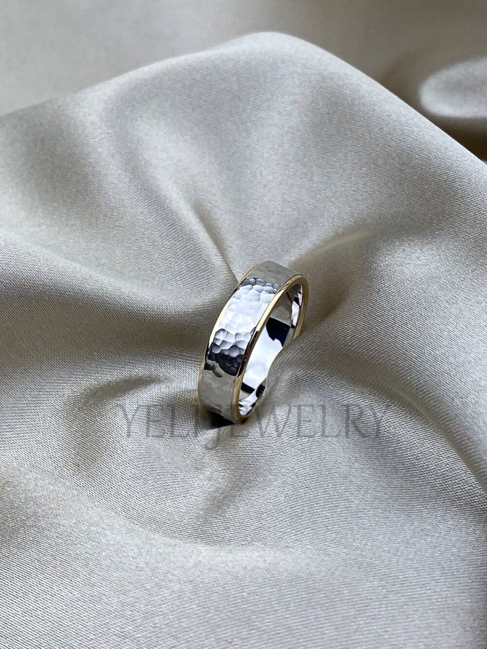Mens Center Hammered Platinum Or Silver & Edges 18K Gold Two Tone Wedding Band